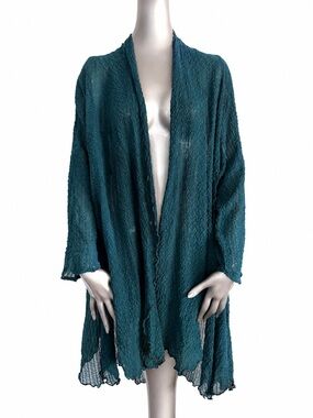 URU 100% Silk Teal Crinkle Open Front Drape Cardigan Kimono One Size USA